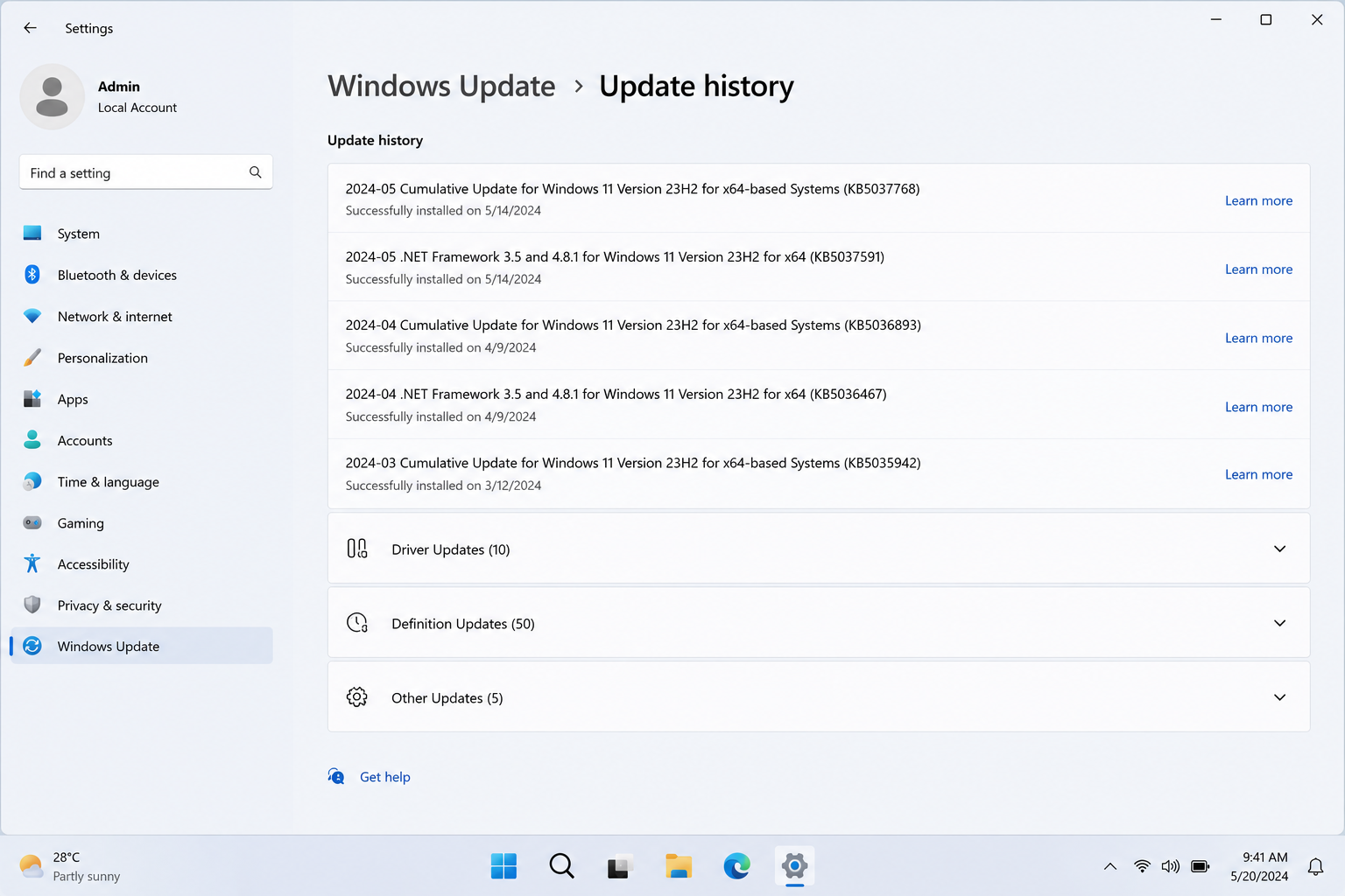 Win Update history screen